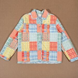 Vintage Patchwork Plaid Quilted Jacket Multicolor Button Front Retro 90s Medium